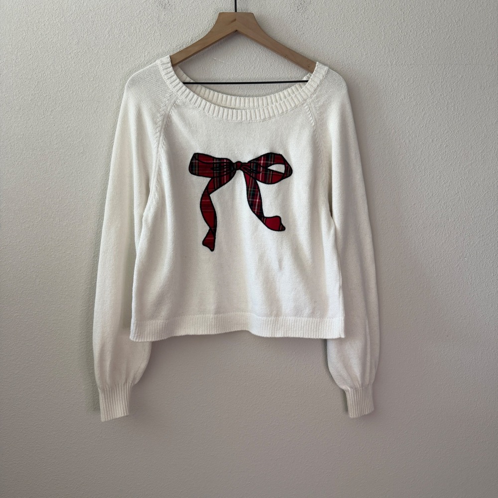 HOLLISTER Womens Cotton Plaid Bow Applique Sweater Size Small Coquette Holiday
